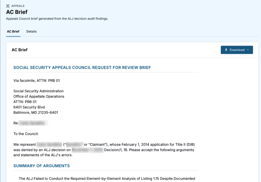 AC Brief: an Appeals Council brief drafted from the audit findings with hyperlinked citations.