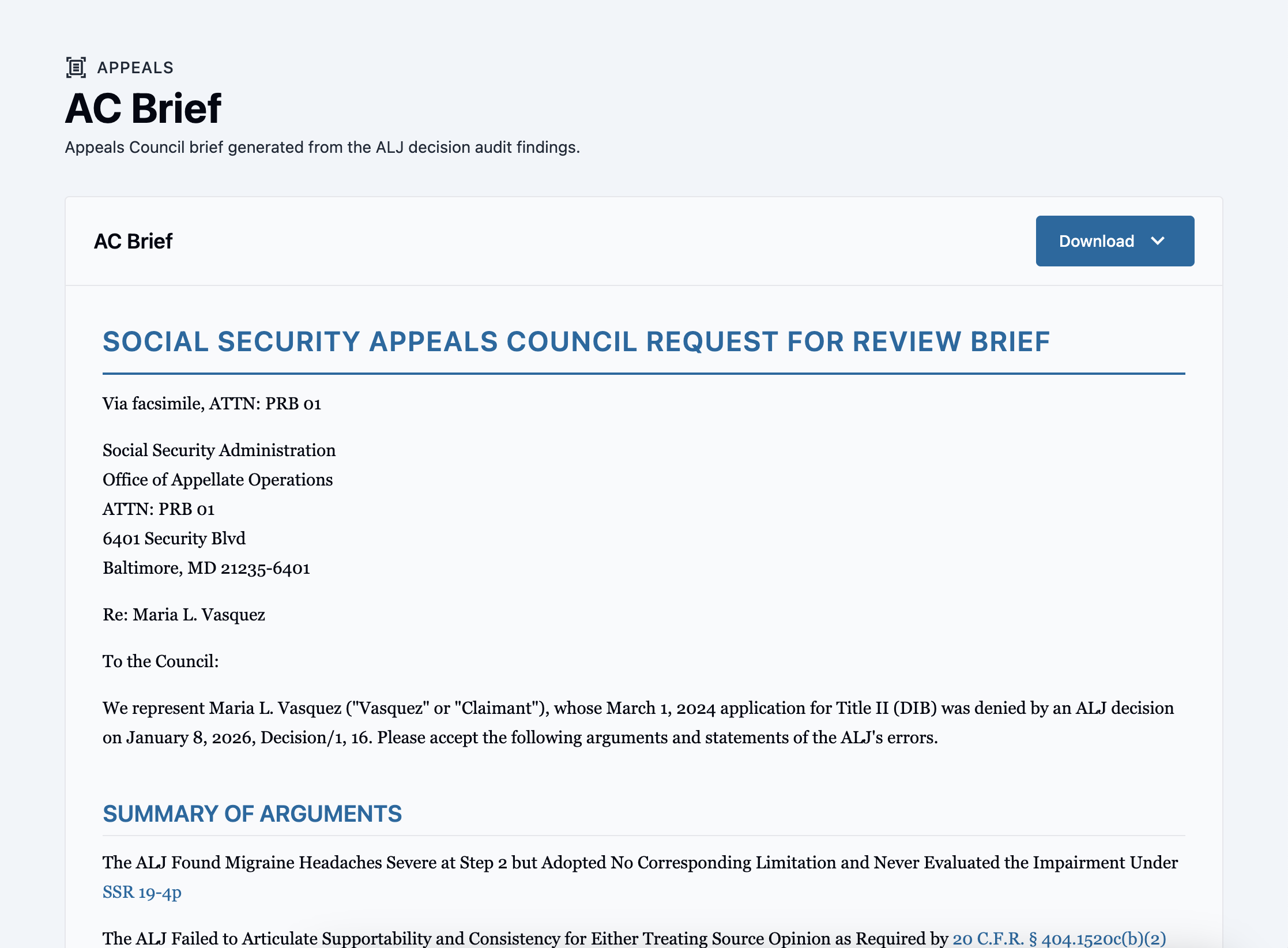 AC Brief: an Appeals Council brief drafted from the audit findings with hyperlinked citations.