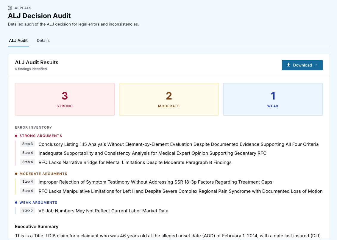 ALJ Decision Audit: reversible errors grouped by strong, moderate, and weak arguments with remand likelihood.