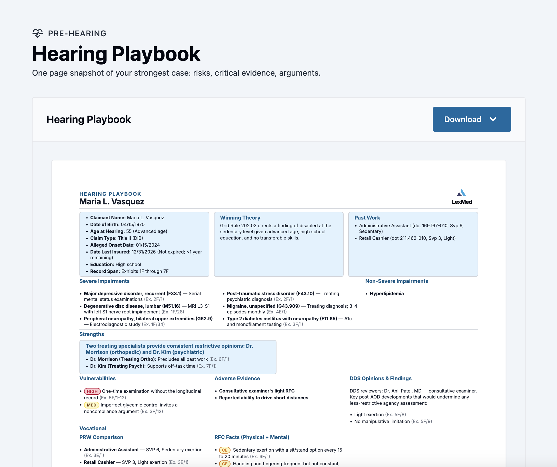 Hearing Playbook: a one-page case snapshot with winning theory, severe impairments, strengths, vulnerabilities, and RFC facts.
