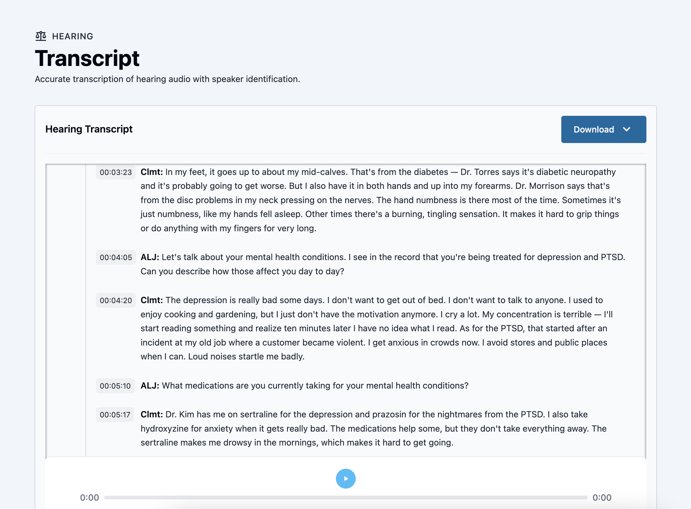 Hearing Transcription: an auto-tagged hearing transcript with click-to-play audio.