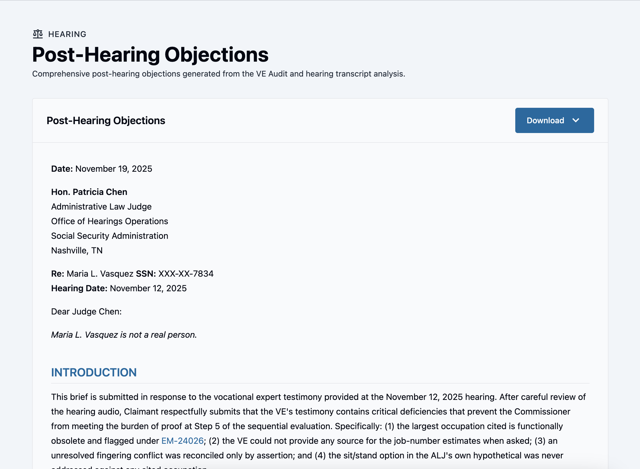 Post-Hearing Objections: a drafted submission to the ALJ objecting to the vocational expert's testimony.