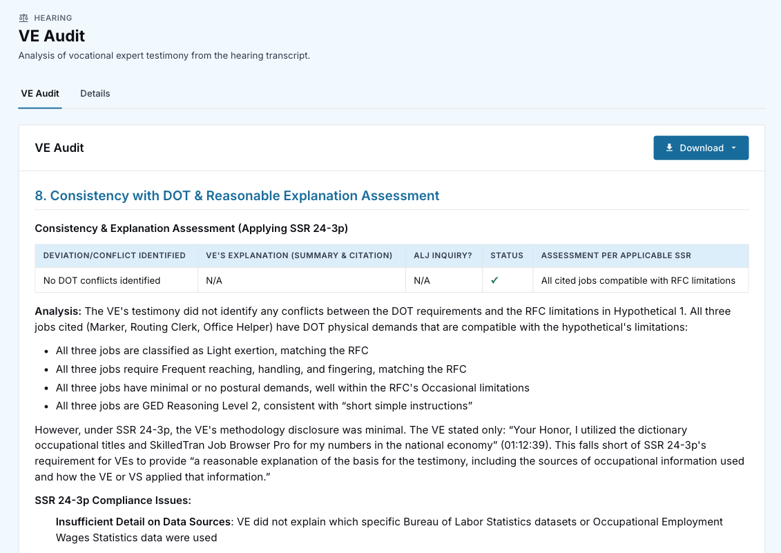 VE Audit: vocational expert testimony analysis with DOT-verified jobs and conflict flags.